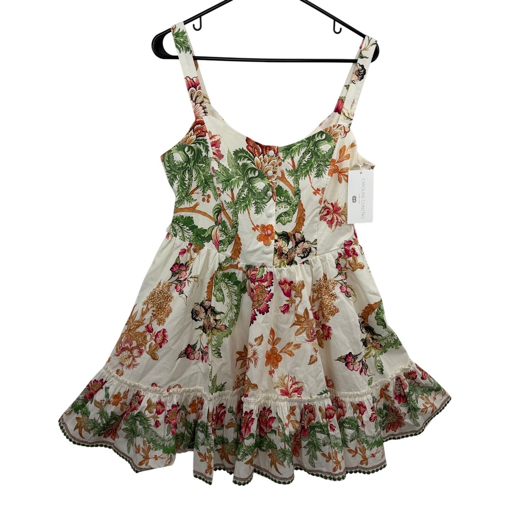 Caroline Costas Dress Womens Medium White Floral Mini Dress Ruffle Lined NO BELT